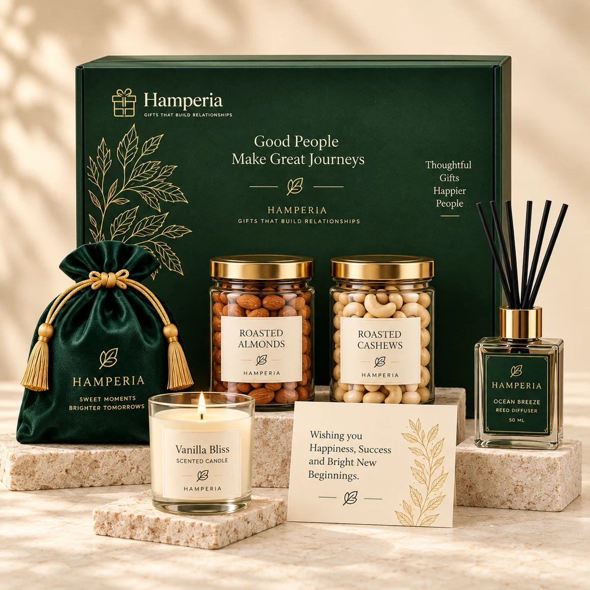 Illustrative green Diwali gift box with dry fruits, candle, chocolates and diffuser