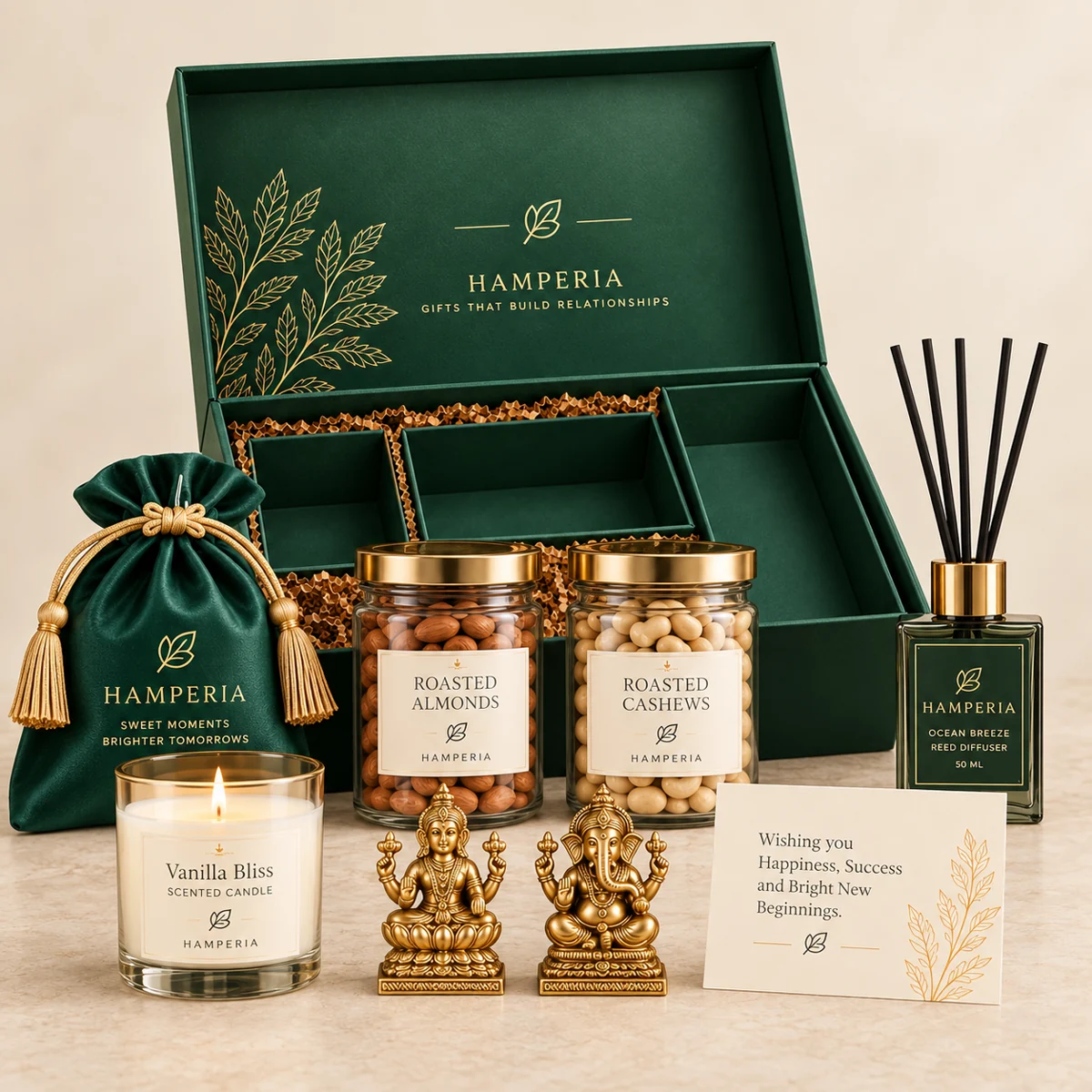 Diwali Premium Hamper — Green with roasted almonds jar, roasted cashews jar, premium chocolates, scented candle, reed diffuser, decorative lakshmi and ganesh idols, festive message card