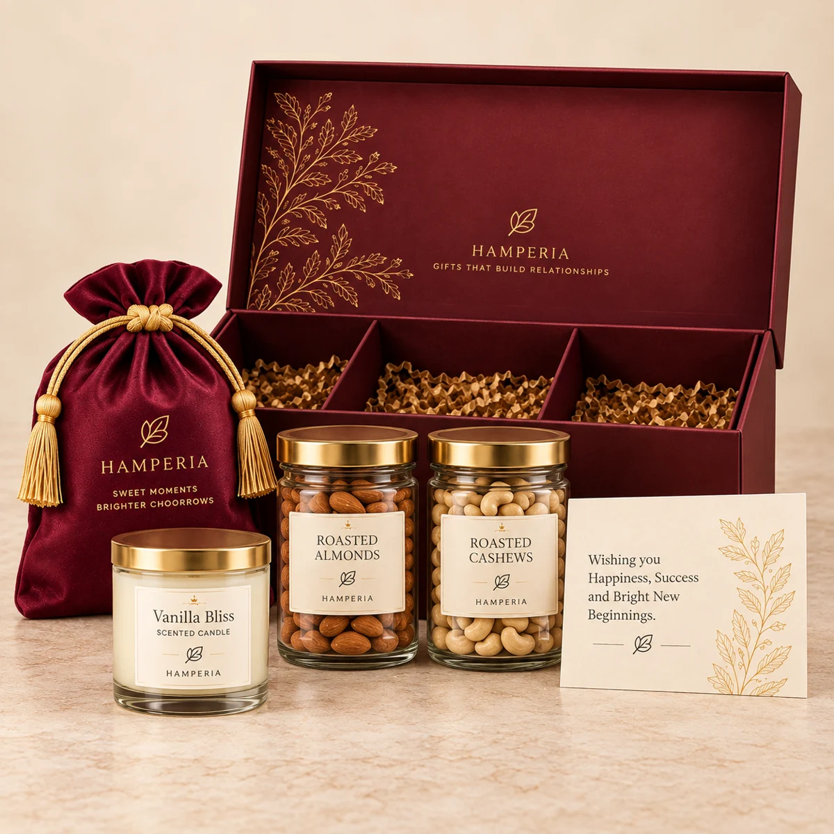 Diwali Thoughtful Hamper with roasted almonds jar, roasted cashews jar, premium chocolates, scented candle, festive message card