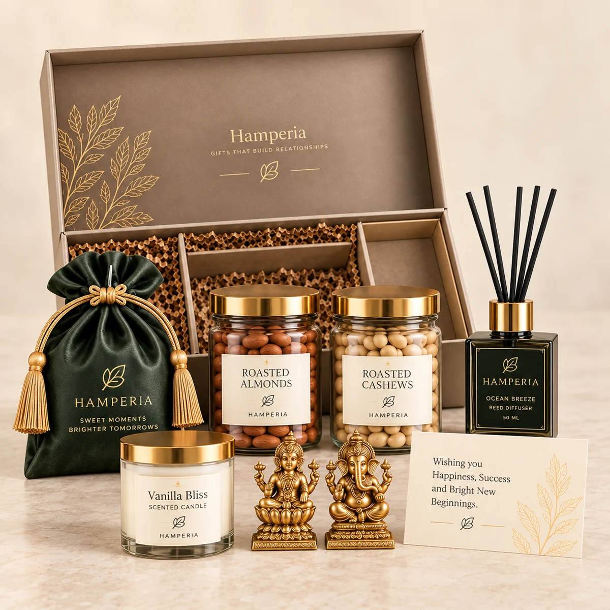 Diwali Premium Hamper — Taupe with roasted almonds jar, roasted cashews jar, premium chocolates, scented candle, reed diffuser, decorative lakshmi and ganesh idols, festive message card