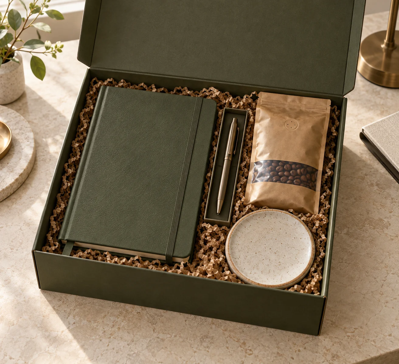 Executive Corporate Box with hardcover planner, metal pen, coaster, coffee