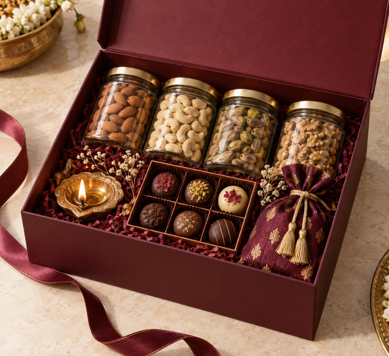 Festive & Wedding Delight with dry-fruit jars, brass diya, handcrafted chocolates