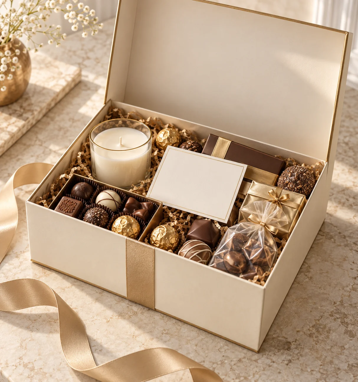 Golden Luxury Celebration with assorted chocolates, scented candle, personal message card