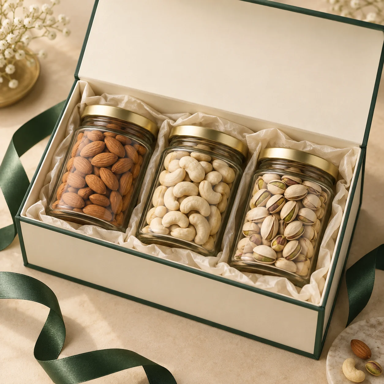 Three-Jar Dry Fruit Box with gift box, three glass jars of dry fruits