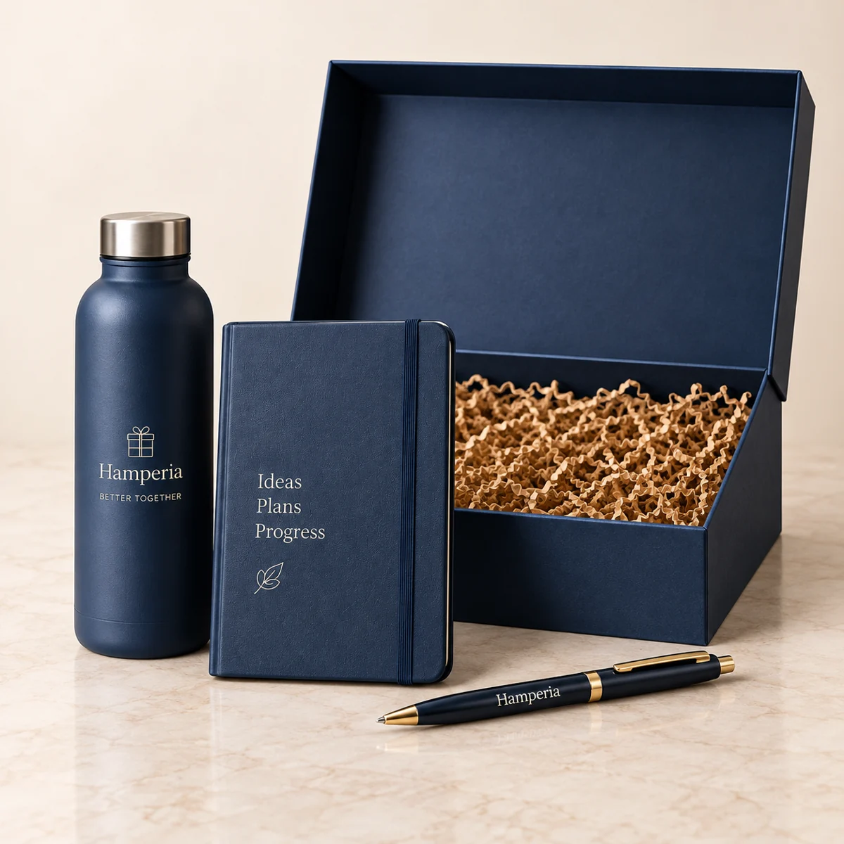 Essential Welcome Kit with water bottle, notebook, pen